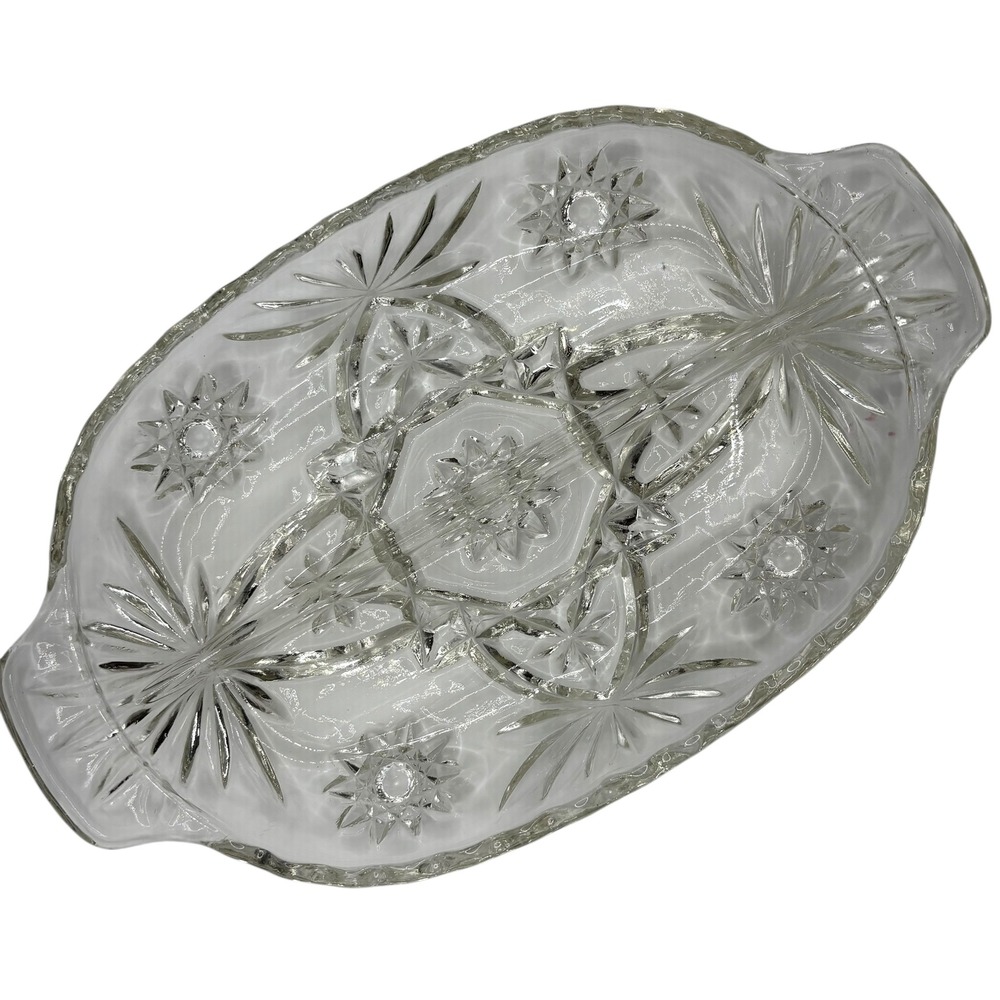 Vintage Clear Glass Divided Candy Dish Serving Tray Starburst Pattern‎ Handles
